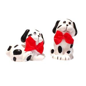 Lipco Ceramic Dalmatian Puppy Set Red Bow Tie Mini Vintage Spotted Dog Figurine